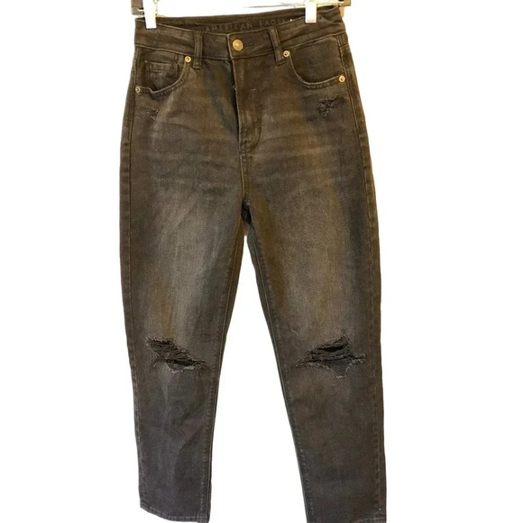 American Eagle Y2k Comfort Stretch Waistband Black Jeans Women 0 Short Pockets - Picture 1 of 8